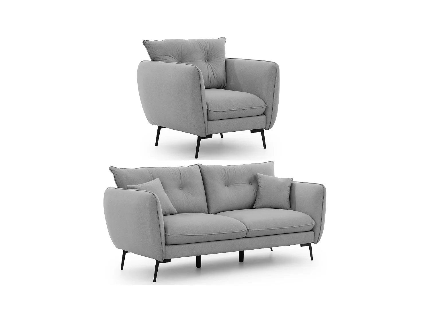 Nordloft - Modernes Polstergarnitur 3+1 aus Hellgrau Samt-Stoff mit Hohen Schwarzen Metallfüßen und schöner Sitzkomfort