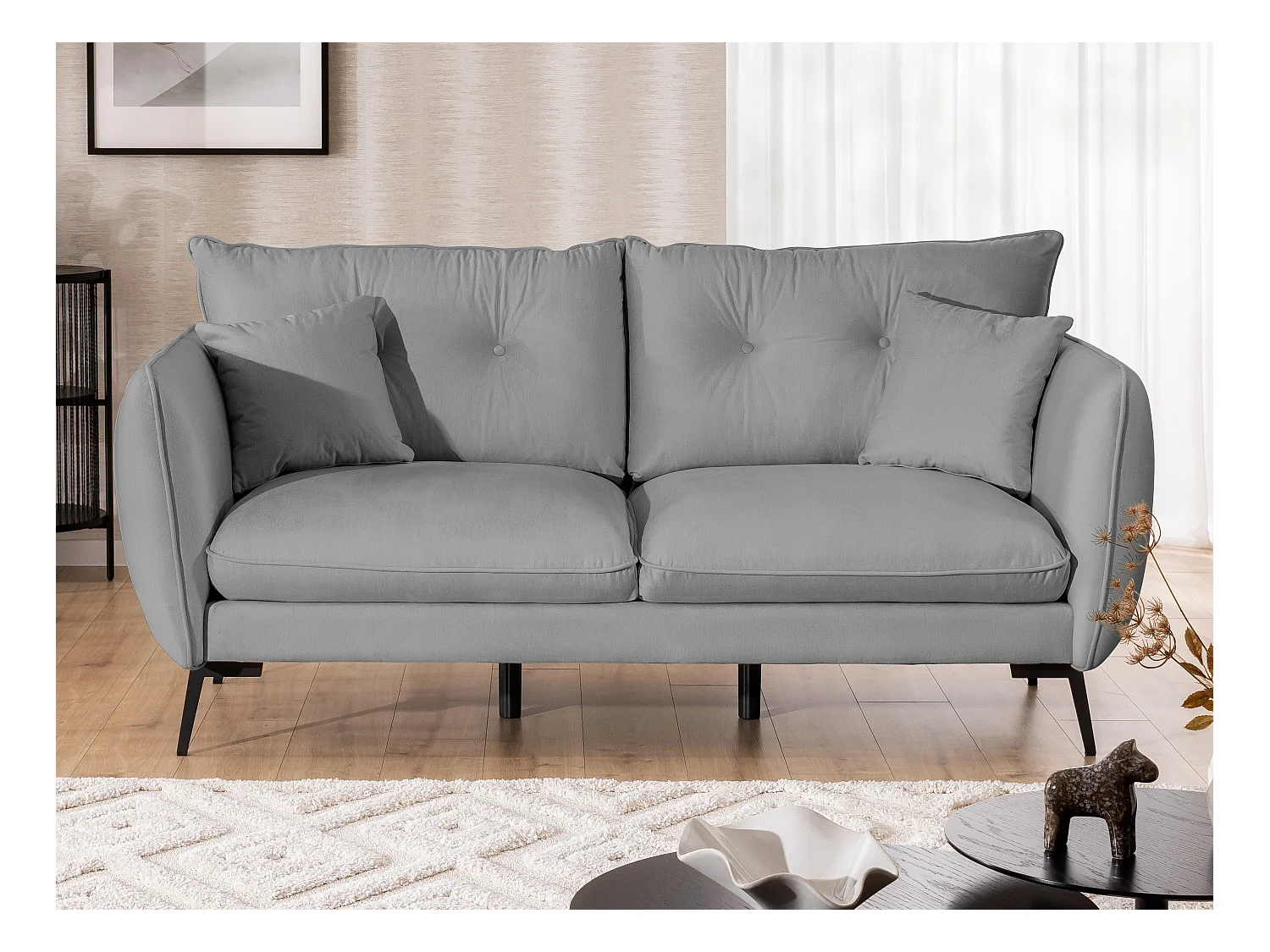 Nordloft - Modernes Polstergarnitur 3+1 aus Hellgrau Samt-Stoff mit Hohen Schwarzen Metallfüßen und schöner Sitzkomfort