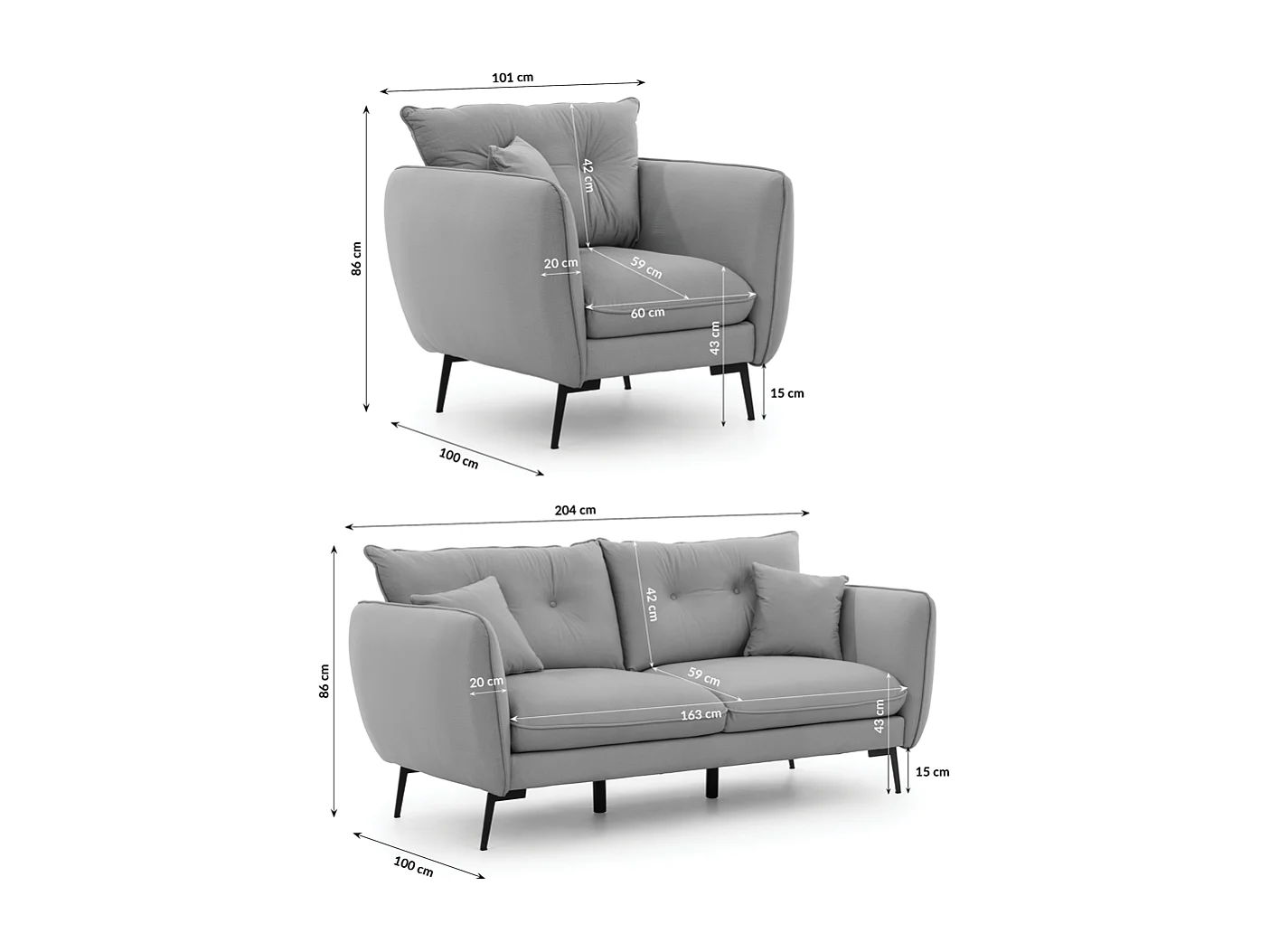 Nordloft - Modernes Polstergarnitur 3+1 aus Hellgrau Samt-Stoff mit Hohen Schwarzen Metallfüßen und schöner Sitzkomfort