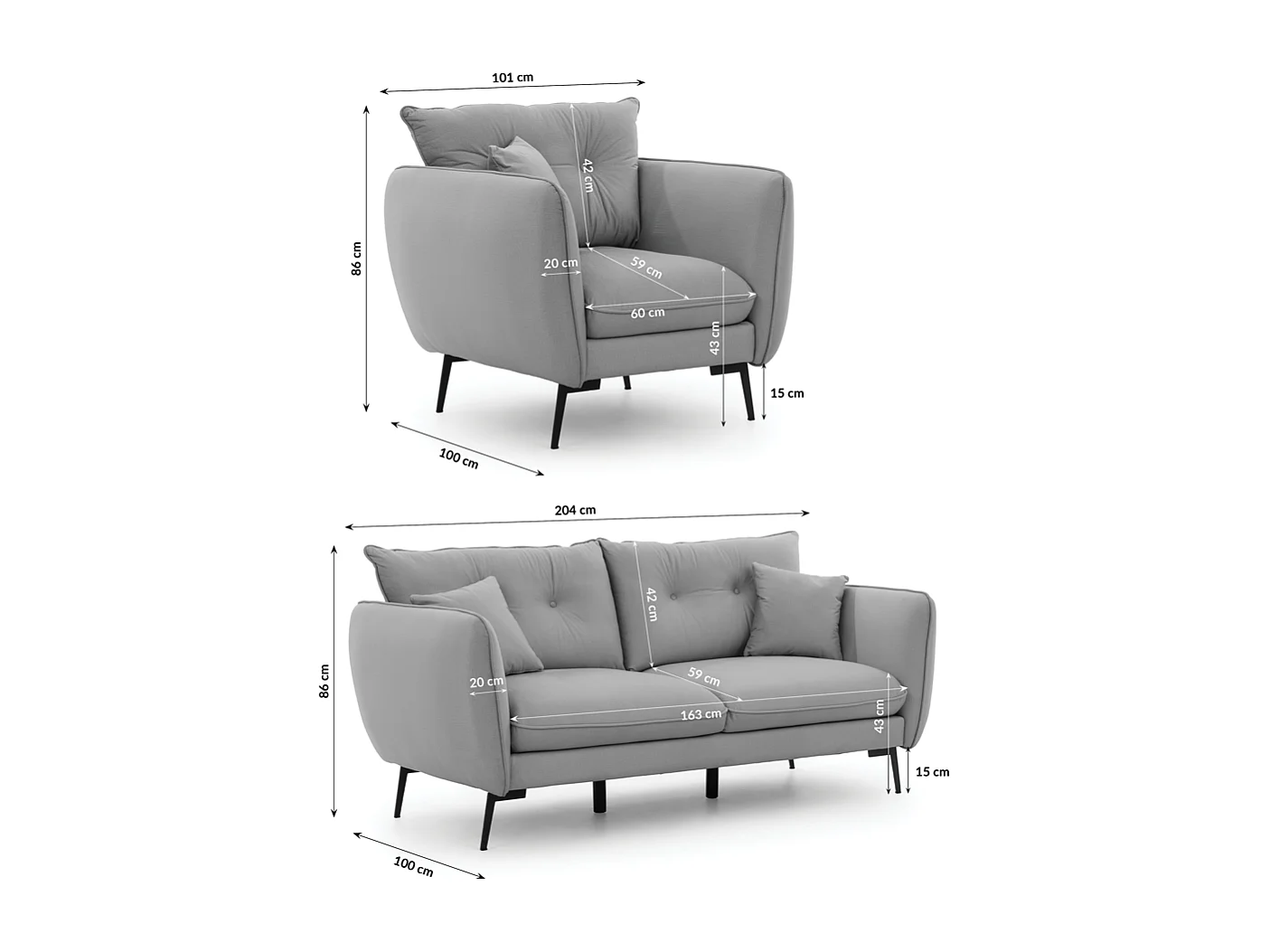 Nordloft - Modernes Polstergarnitur 3+1 aus Hellgrau Samt-Stoff mit Hohen Schwarzen Metallfüßen und schöner Sitzkomfort