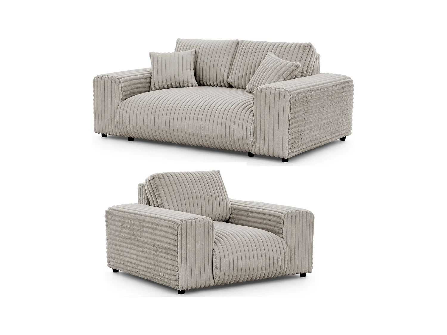 Mollis - Polstergarnitur 2+1 aus Hellgrau Plüschcord mit schöner Sitzkomfort
