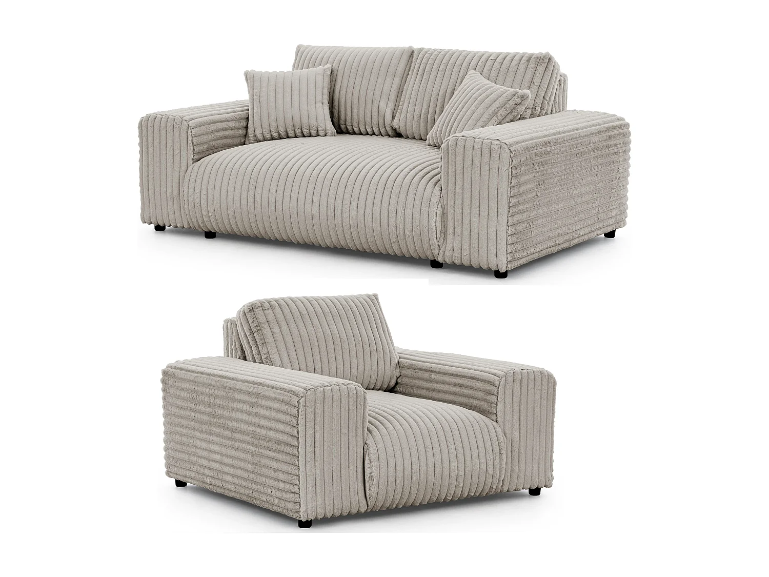 Mollis - Polstergarnitur 2+1 aus Hellgrau Plüschcord mit schöner Sitzkomfort