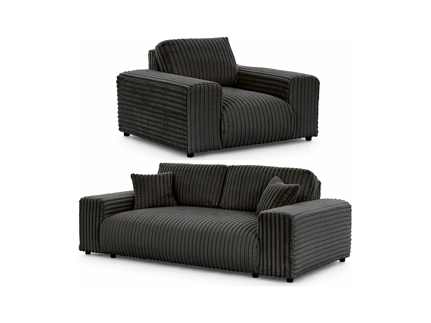 Mollis - Polstergarnitur 3+1 aus Dunkelgrau Plüschcord mit schöner Sitzkomfort