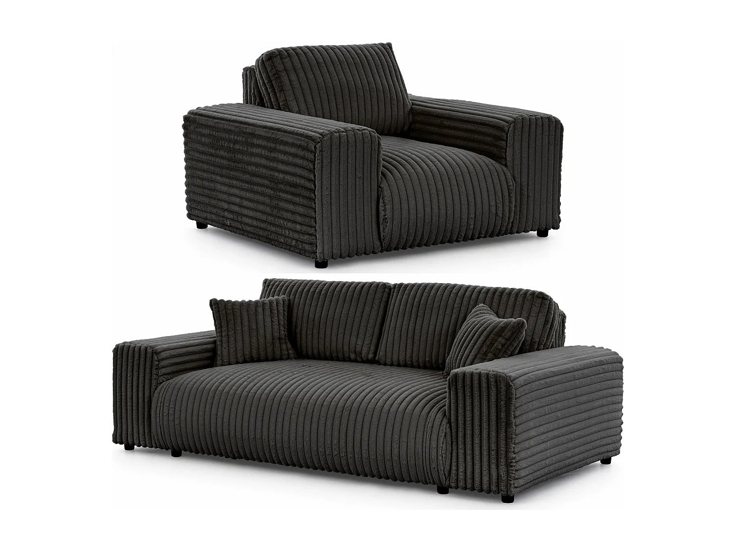 Mollis - Polstergarnitur 3+1 aus Dunkelgrau Plüschcord mit schöner Sitzkomfort