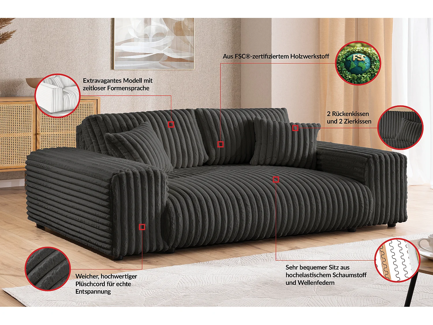 Mollis - Polstergarnitur 3+1 aus Dunkelgrau Plüschcord mit schöner Sitzkomfort