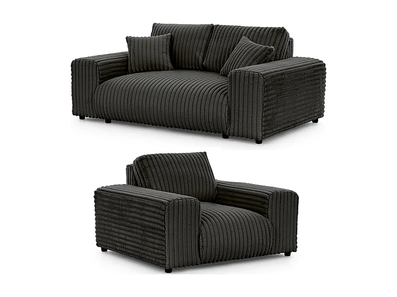 Mollis - Polstergarnitur 2+1 aus Dunkelgrau Plüschcord mit schöner Sitzkomfort