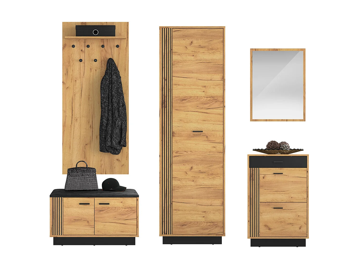 GARDEROBEN-SET Vasco Gold Craft Eiche / Schwarz 5-teilig