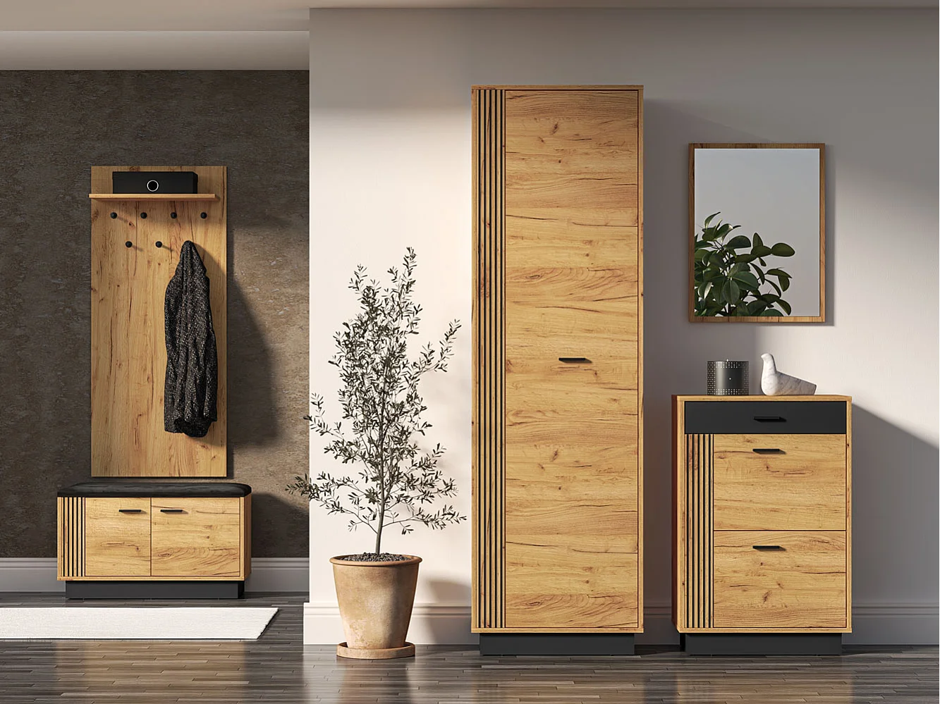 GARDEROBEN-SET Vasco Gold Craft Eiche / Schwarz 5-teilig