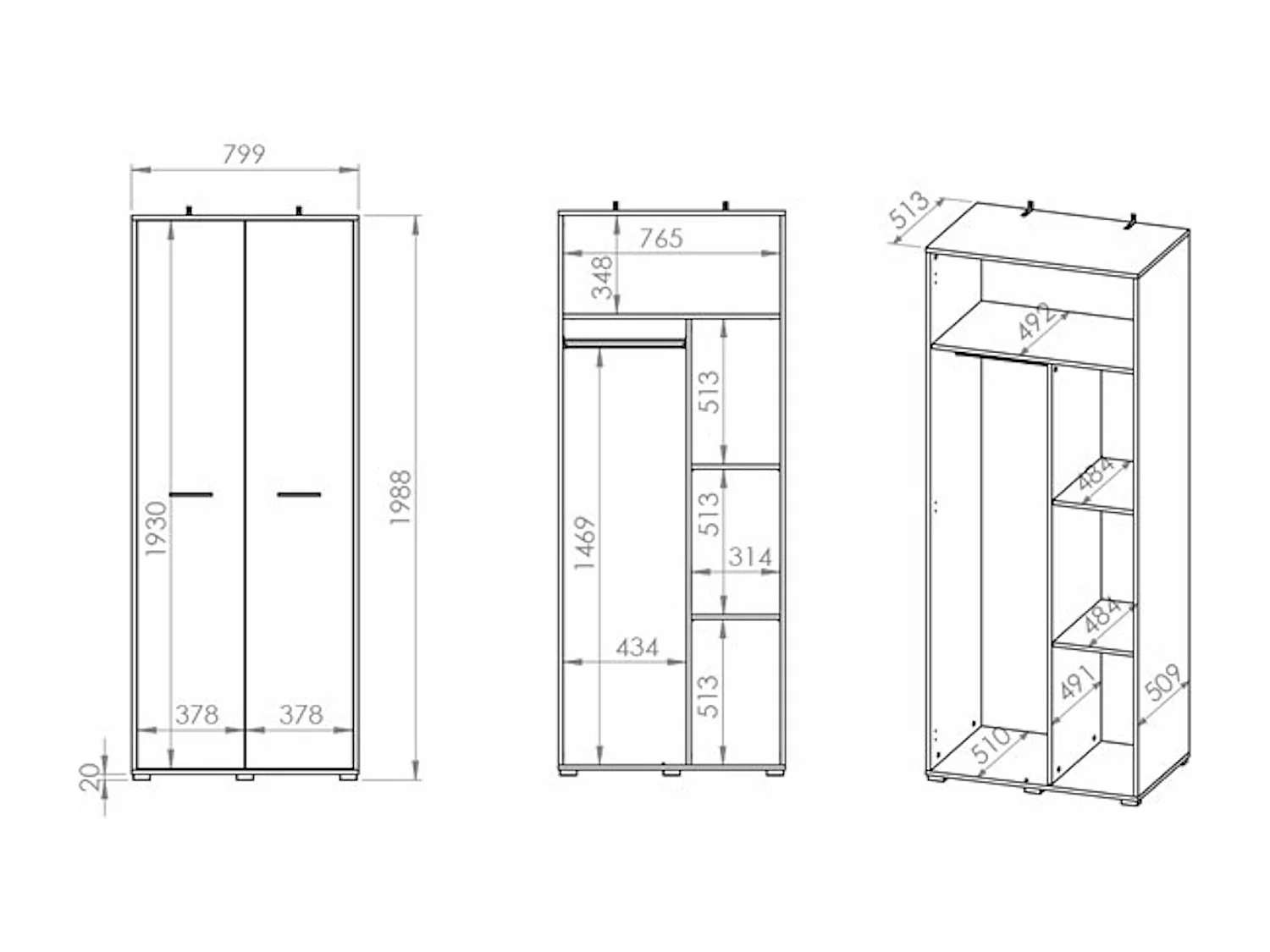 GARDEROEBNSCHRANK Caro Sonoma Eiche hell 80 / 51 / 199cm