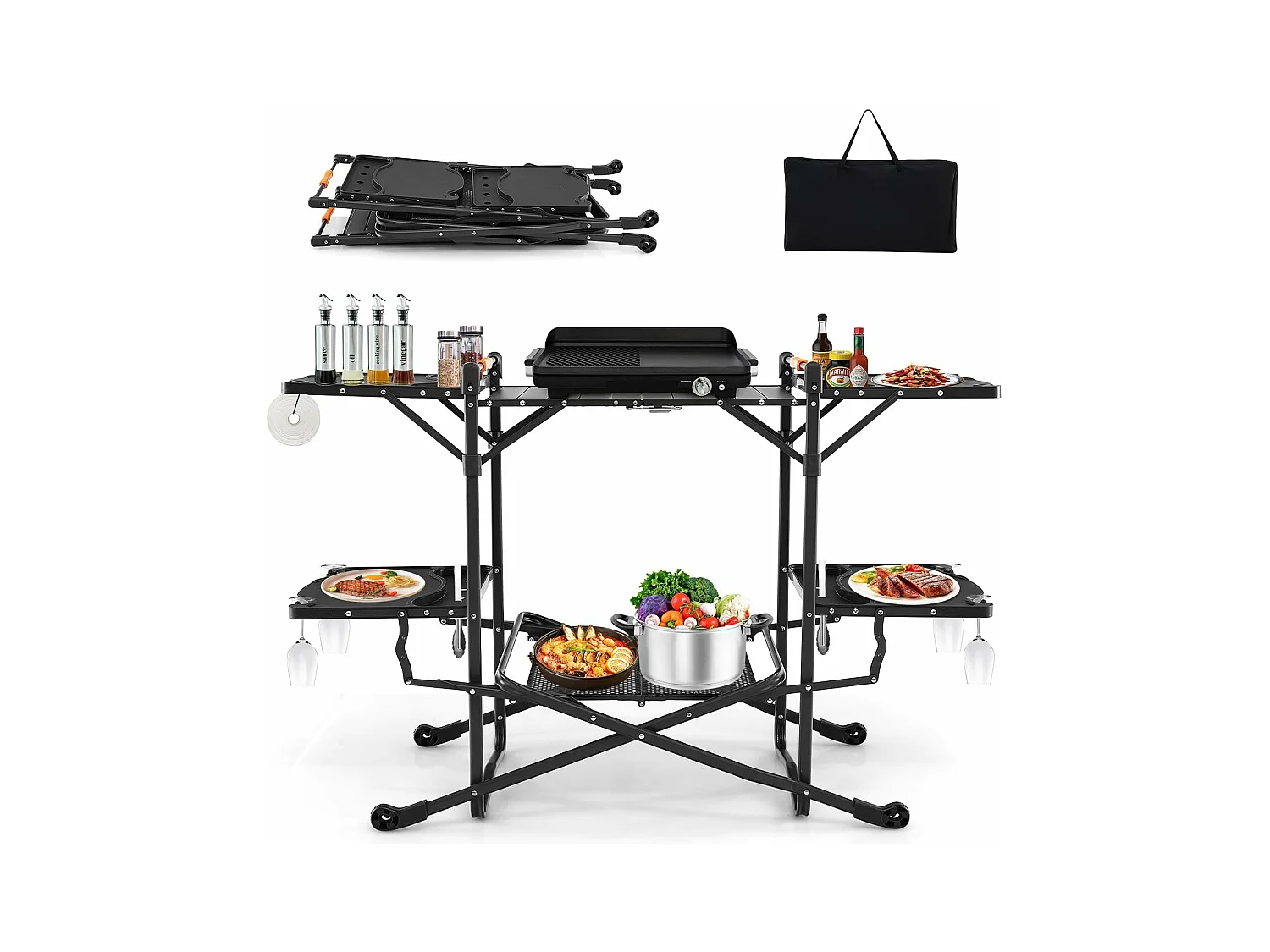 Table de Camping Pliable avec 4 Tablettes d'Appoint, Table de Pique-Nique et Barbecue Portable, Plateau en Aluminium avec Sac de Transport, 135 x 54 x 88 CM