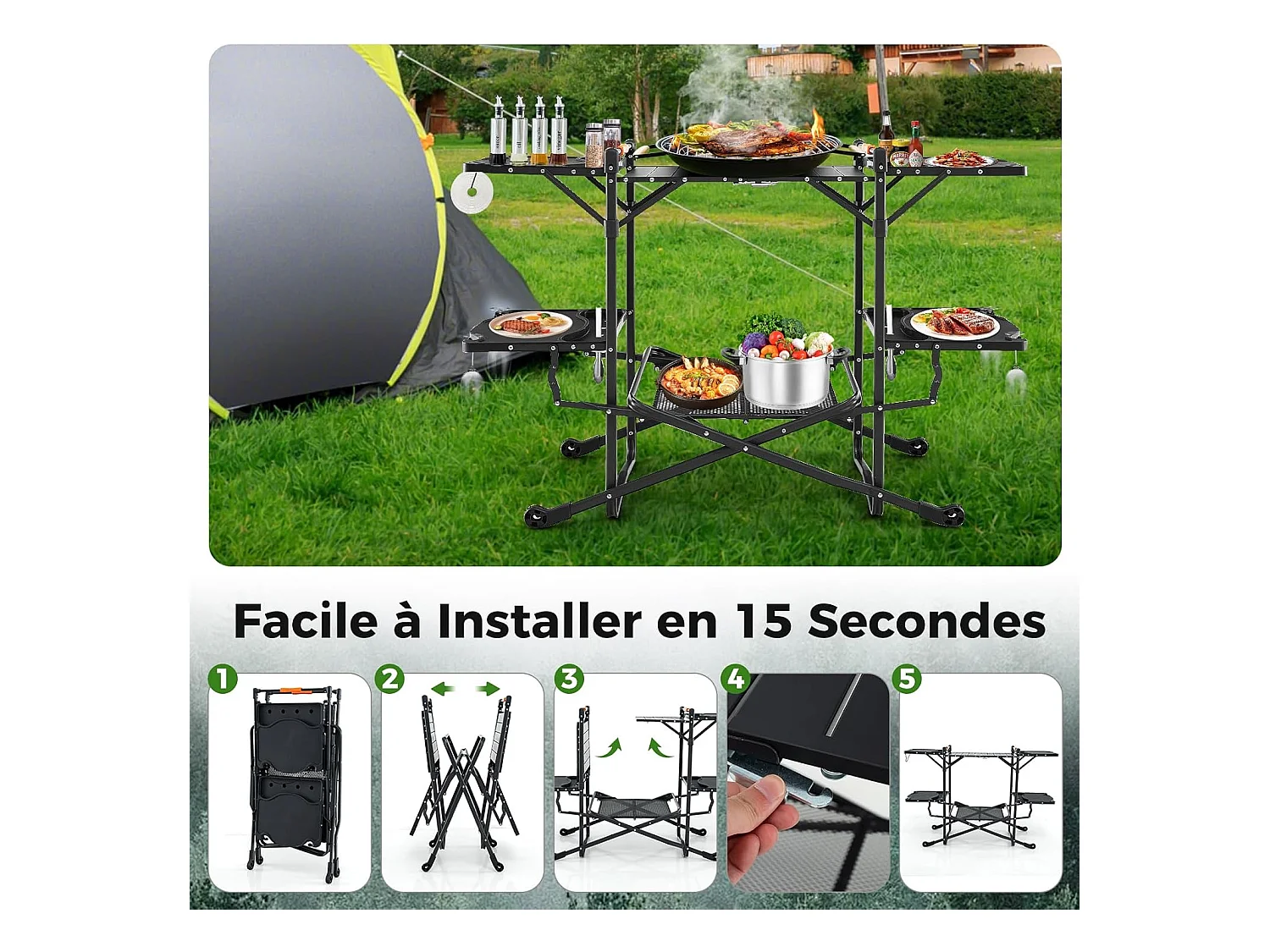 Table de Camping Pliable avec 4 Tablettes d'Appoint, Table de Pique-Nique et Barbecue Portable, Plateau en Aluminium avec Sac de Transport, 135 x 54 x 88 CM
