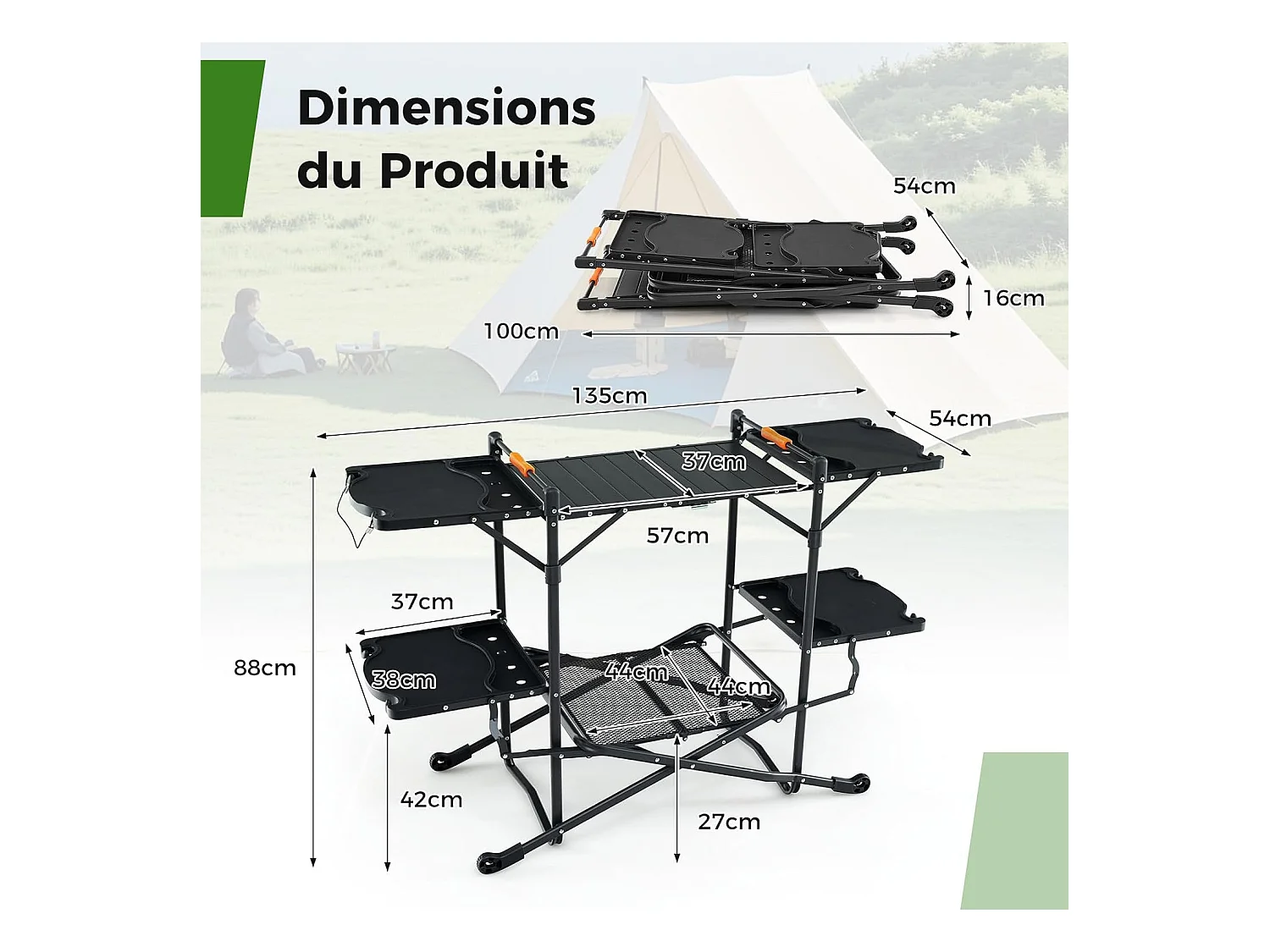 Table de Camping Pliable avec 4 Tablettes d'Appoint, Table de Pique-Nique et Barbecue Portable, Plateau en Aluminium avec Sac de Transport, 135 x 54 x 88 CM
