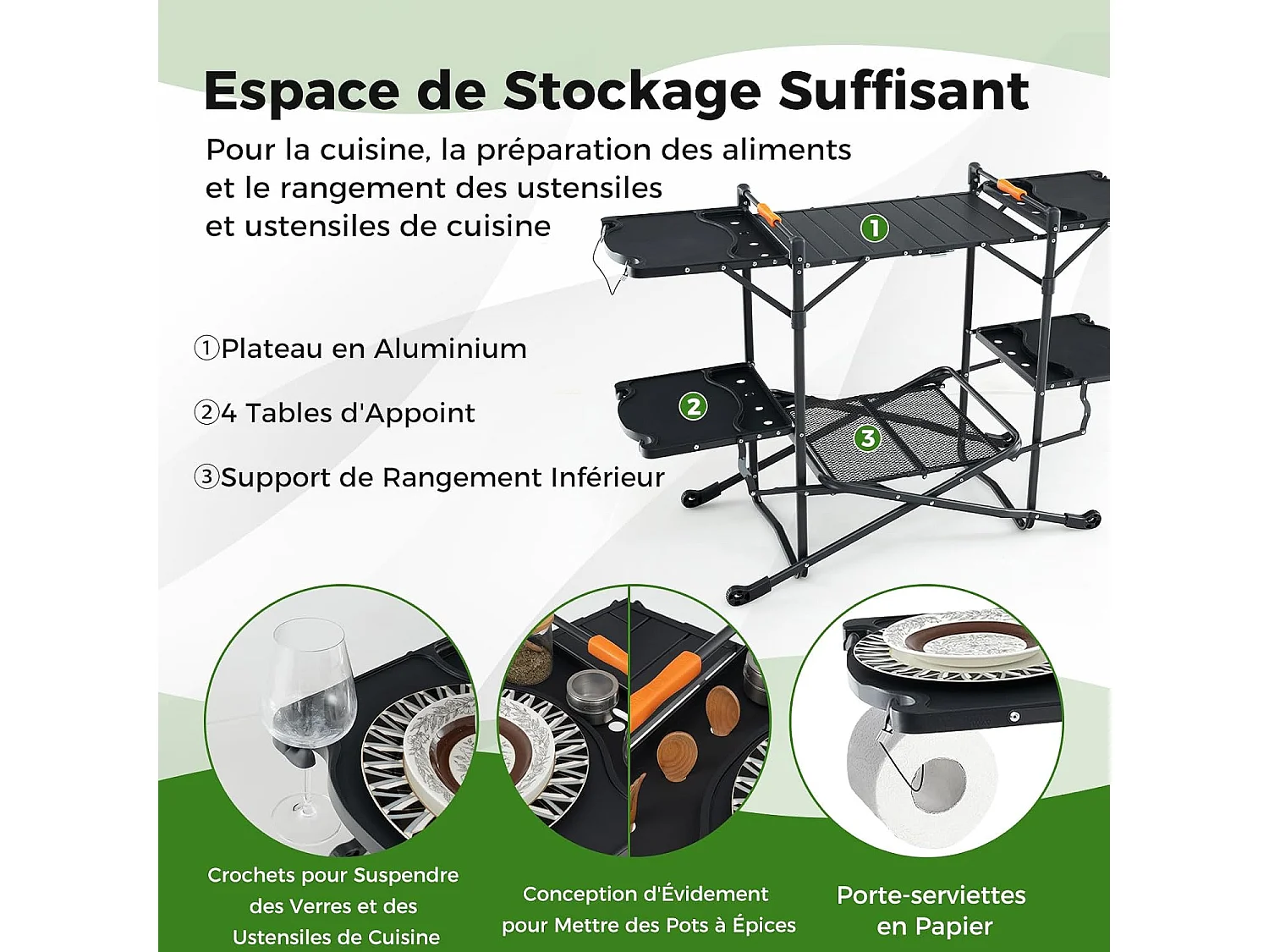 Table de Camping Pliable avec 4 Tablettes d'Appoint, Table de Pique-Nique et Barbecue Portable, Plateau en Aluminium avec Sac de Transport, 135 x 54 x 88 CM