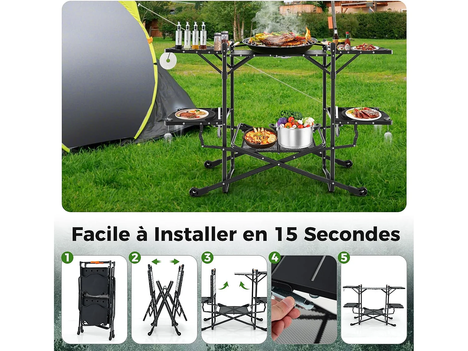 Table de Camping Pliable avec 4 Tablettes d'Appoint, Table de Pique-Nique et Barbecue Portable, Plateau en Aluminium avec Sac de Transport, 135 x 54 x 88 CM