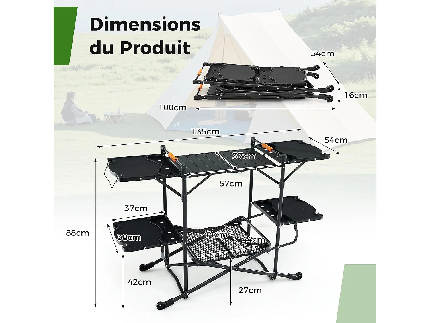 Table de Camping Pliable avec 4 Tablettes d'Appoint, Table de Pique-Nique et Barbecue Portable, Plateau en Aluminium avec Sac de Transport, 135 x 54 x 88 CM