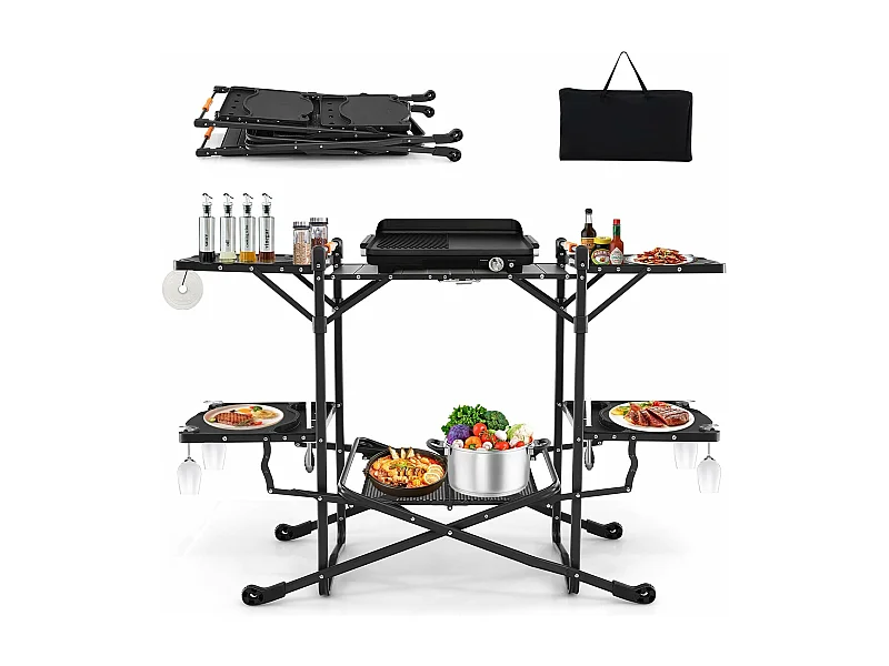 Table de Camping Pliable avec 4 Tablettes d'Appoint, Table de Pique-Nique et Barbecue Portable, Plateau en Aluminium avec Sac de Transport, 135 x 54 x 88 CM