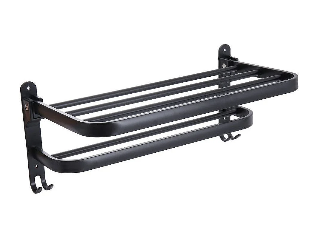 Toallero para baño con estante + 2 barras + 2 ganchos negro 17x40x21 cm