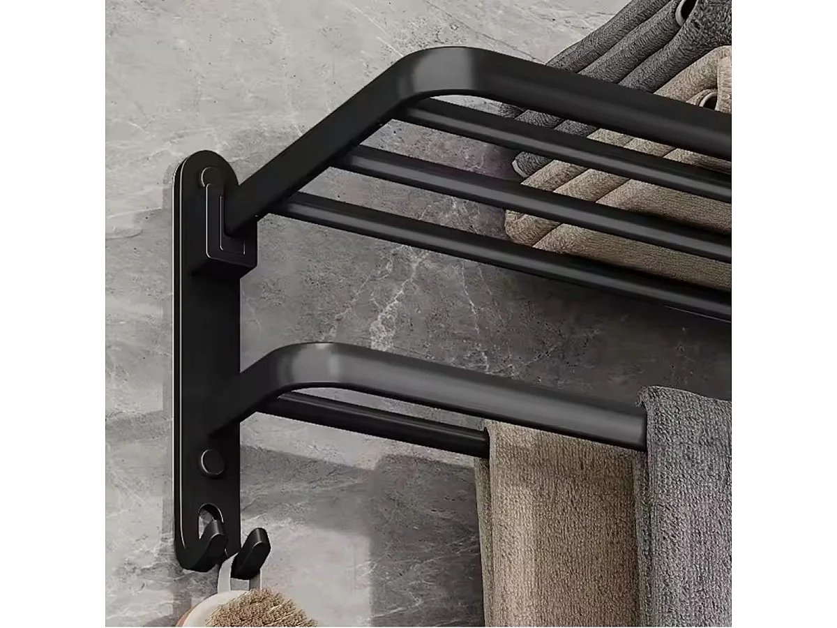 Toallero para baño con estante + 2 barras + 2 ganchos negro 17x40x21 cm