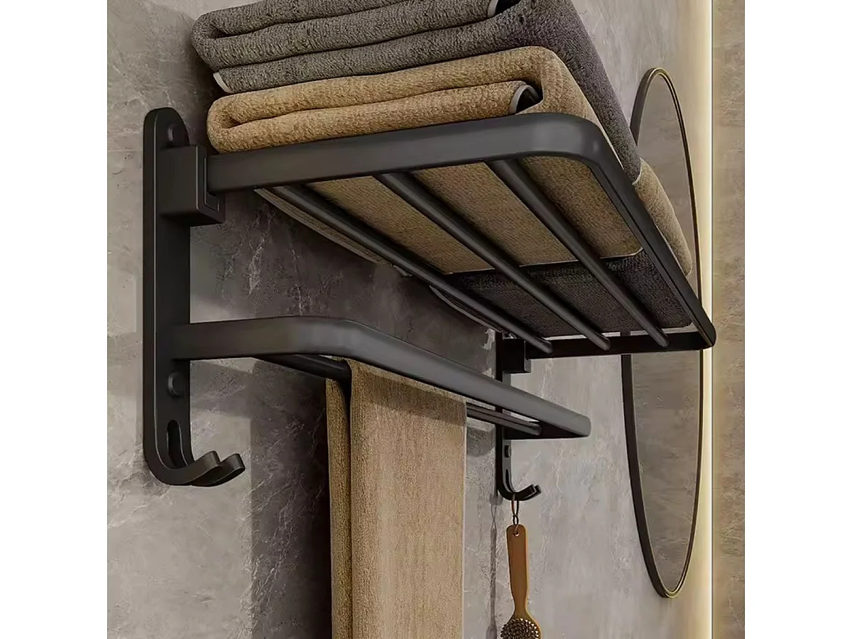 Toallero para baño con estante + 2 barras + 2 ganchos negro 17x40x21 cm