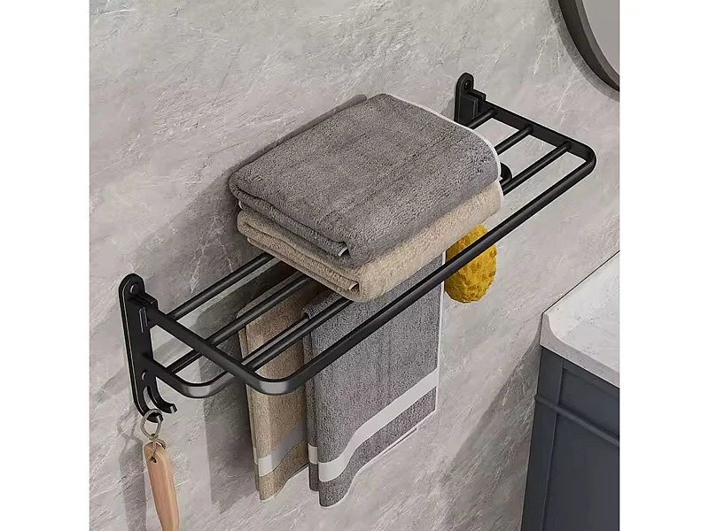 Toallero para baño con estante + 2 barras + 2 ganchos negro 17x40x21 cm