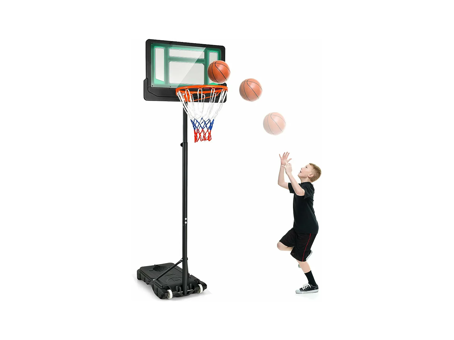 Panier de Basketball sur Pieds avec Hauteur Réglable 90-210 CM, Support de Basket à roulettes avec Base Remplissable, pour Adultes ou Enfants 3 Ans+ (Vert)
