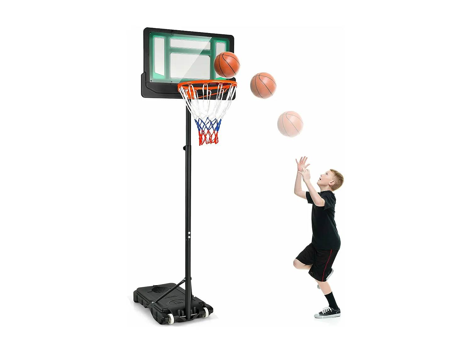 Panier de Basketball sur Pieds avec Hauteur Réglable 90-210 CM, Support de Basket à roulettes avec Base Remplissable, pour Adultes ou Enfants 3 Ans+ (Vert)