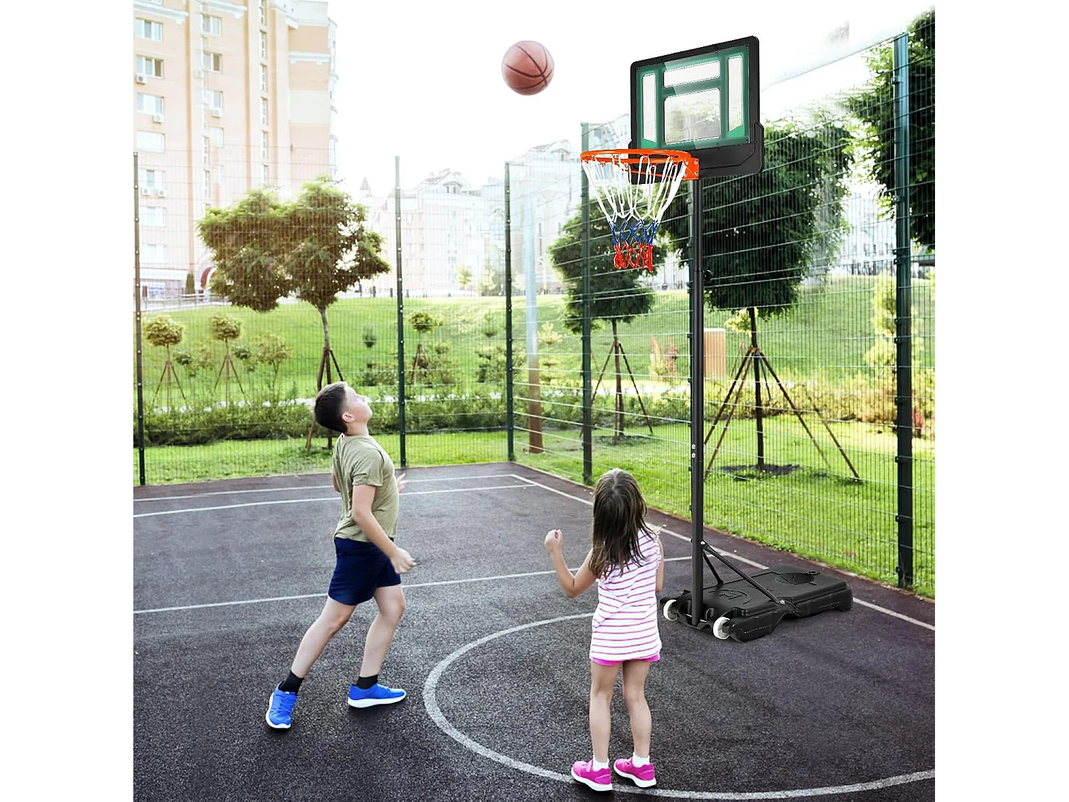 Panier de Basketball sur Pieds avec Hauteur Réglable 90-210 CM, Support de Basket à roulettes avec Base Remplissable, pour Adultes ou Enfants 3 Ans+ (Vert)