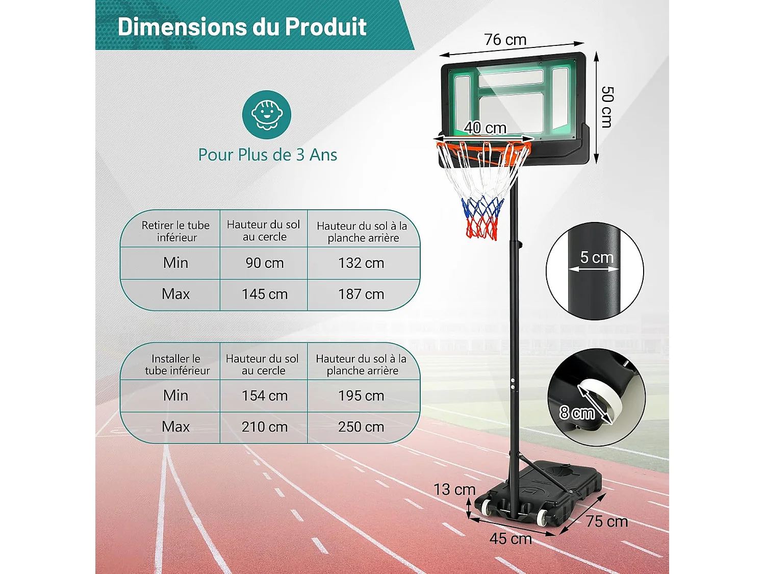 Panier de Basketball sur Pieds avec Hauteur Réglable 90-210 CM, Support de Basket à roulettes avec Base Remplissable, pour Adultes ou Enfants 3 Ans+ (Vert)