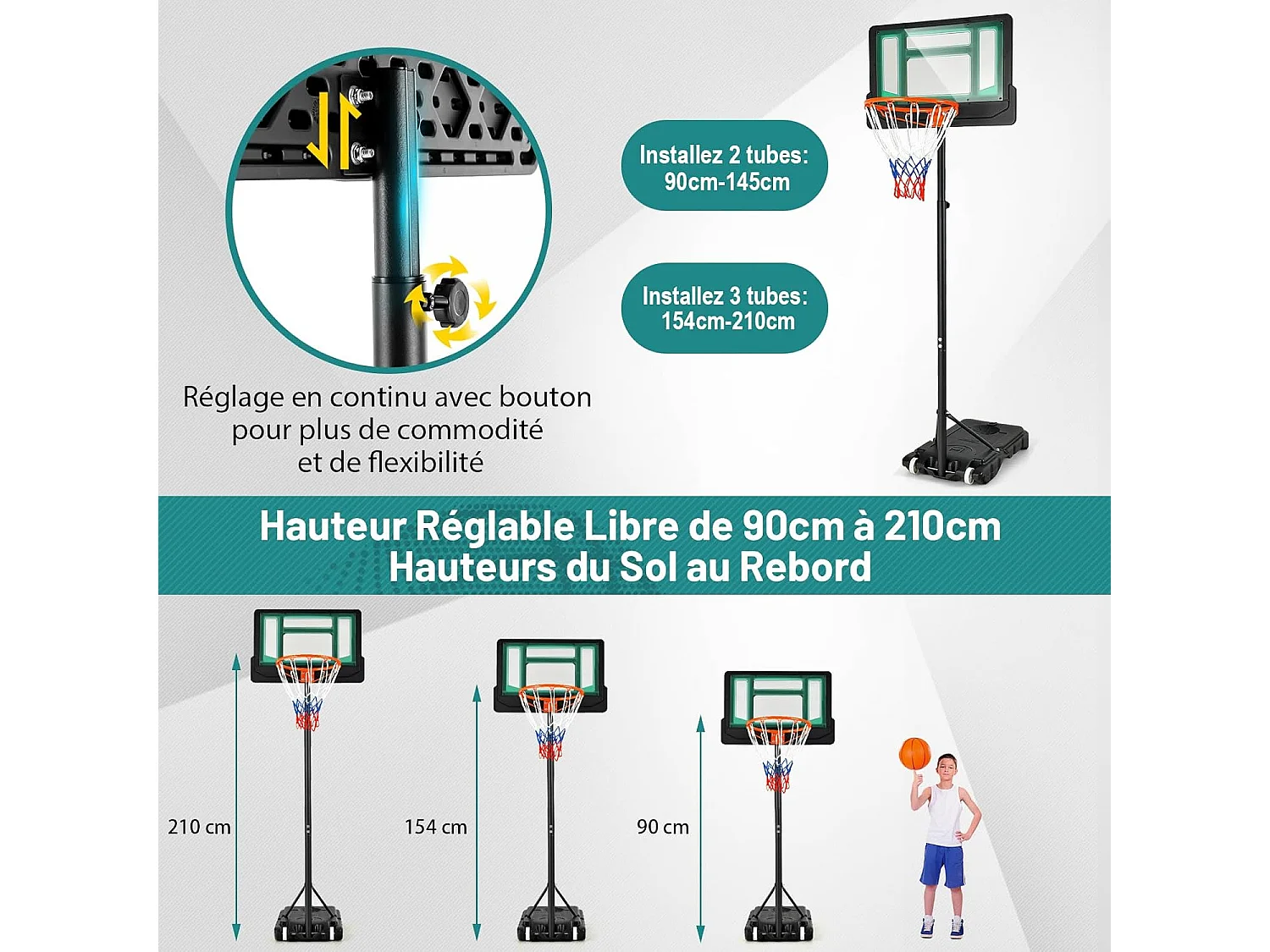 Panier de Basketball sur Pieds avec Hauteur Réglable 90-210 CM, Support de Basket à roulettes avec Base Remplissable, pour Adultes ou Enfants 3 Ans+ (Vert)
