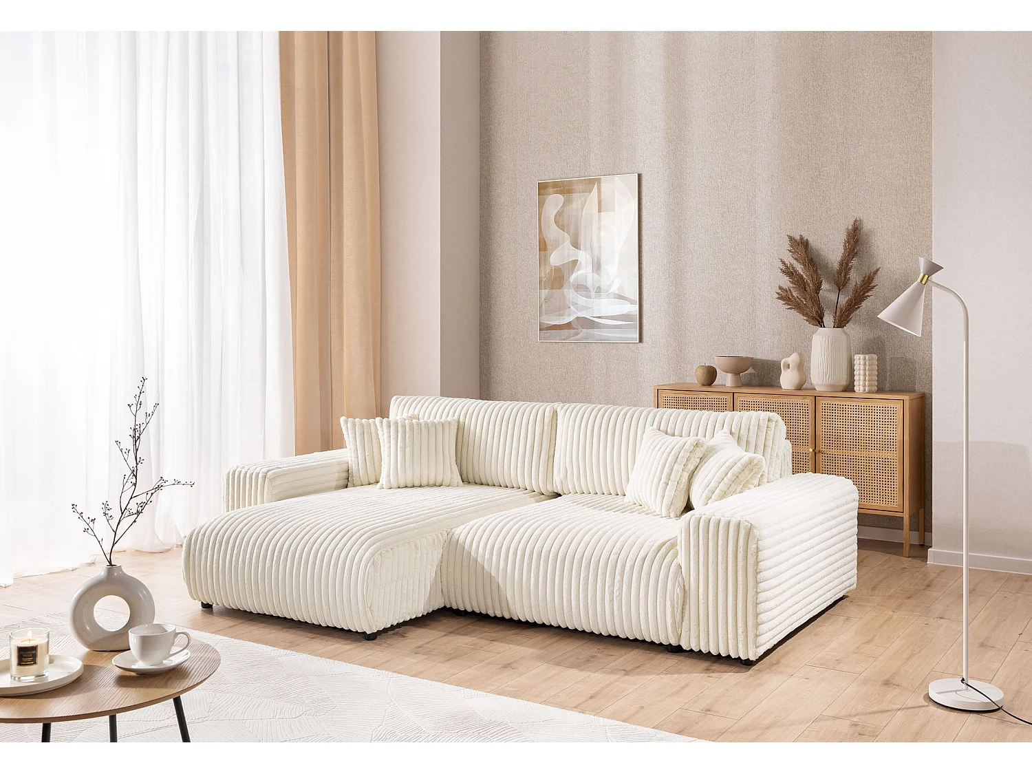 Mollis - Ecksofa mit Schlaffunktion und Bettkasten aus Hellbeige Plüschcord mit schöner Sitzkomfort
