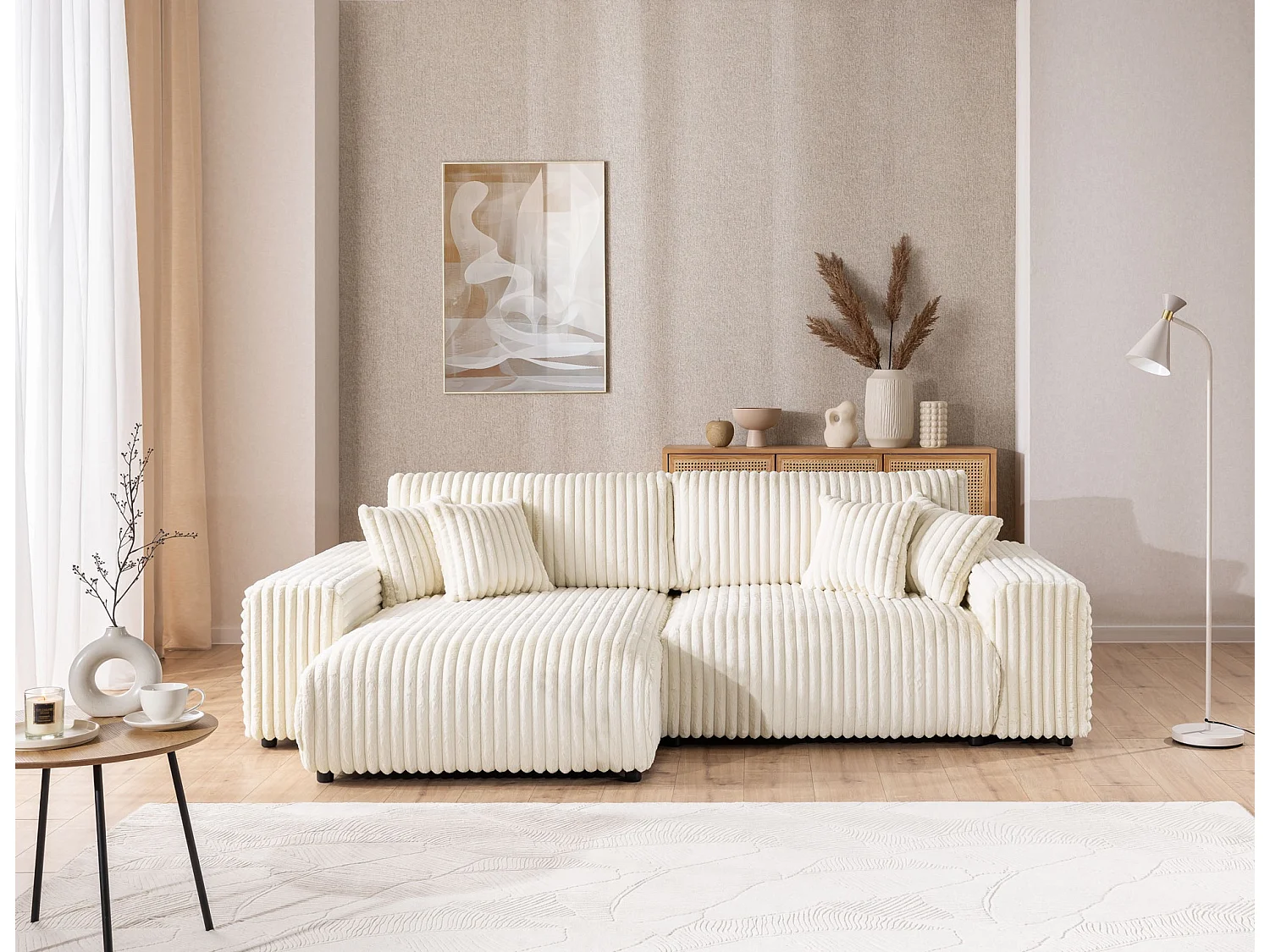 Mollis - Ecksofa mit Schlaffunktion und Bettkasten aus Hellbeige Plüschcord mit schöner Sitzkomfort