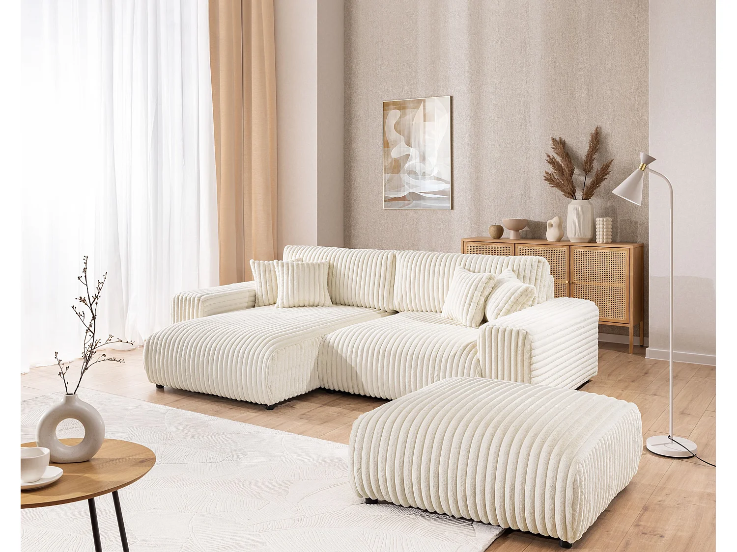 Mollis - Ecksofa mit Schlaffunktion und Bettkasten aus Hellbeige Plüschcord mit schöner Sitzkomfort