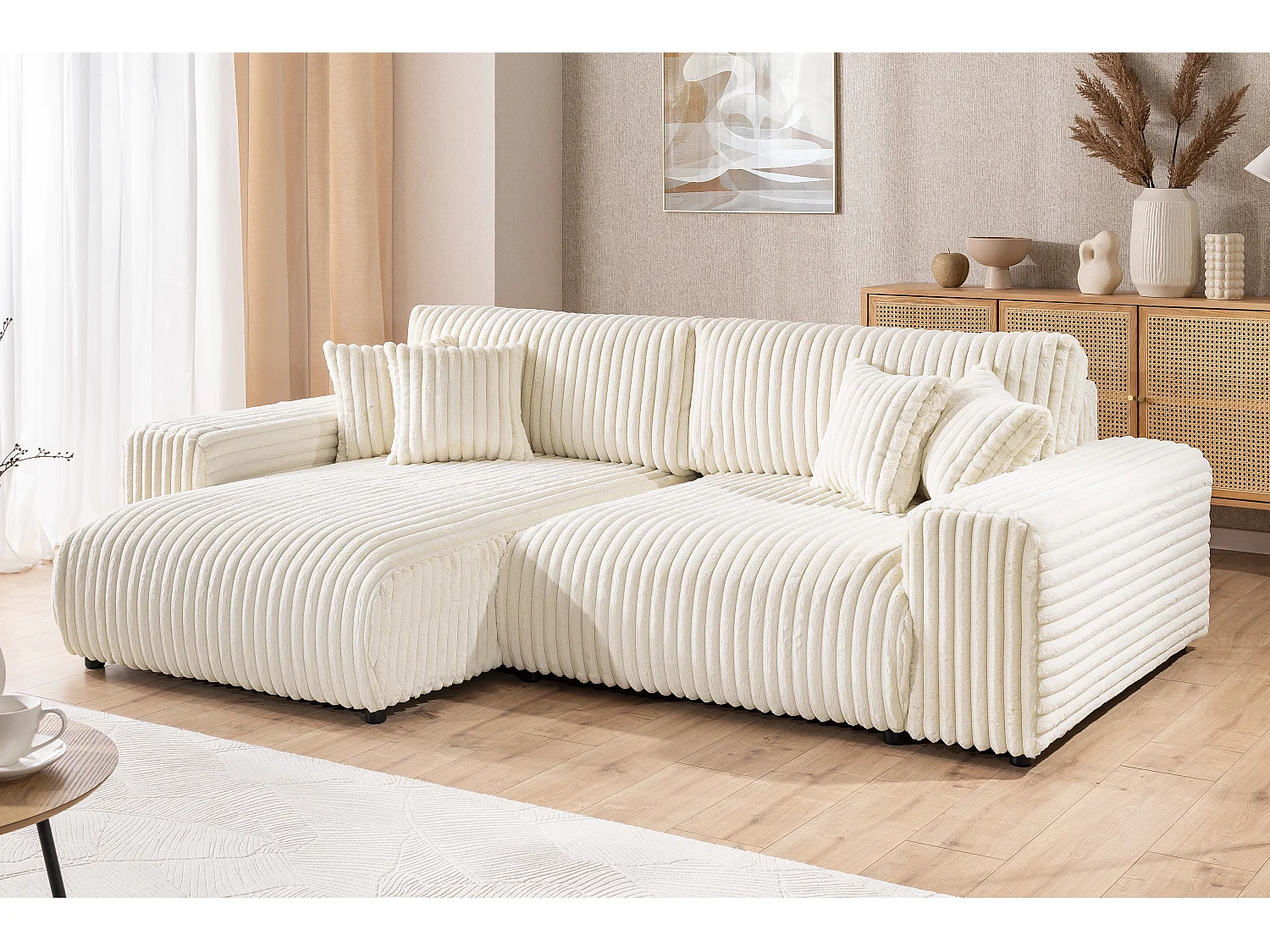 Mollis - Ecksofa mit Schlaffunktion und Bettkasten aus Hellbeige Plüschcord mit schöner Sitzkomfort