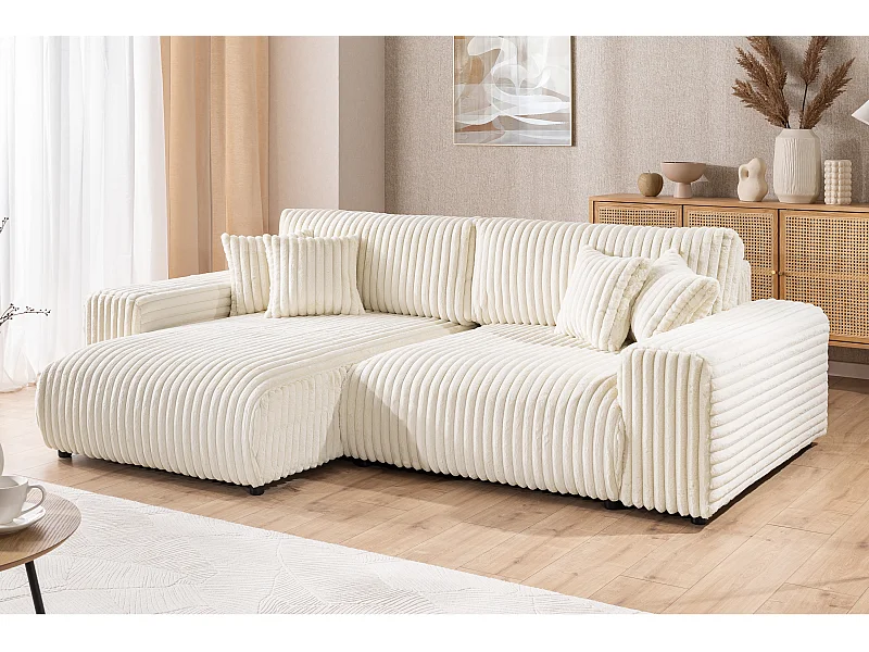 Mollis - Ecksofa mit Schlaffunktion und Bettkasten aus Hellbeige Plüschcord mit schöner Sitzkomfort