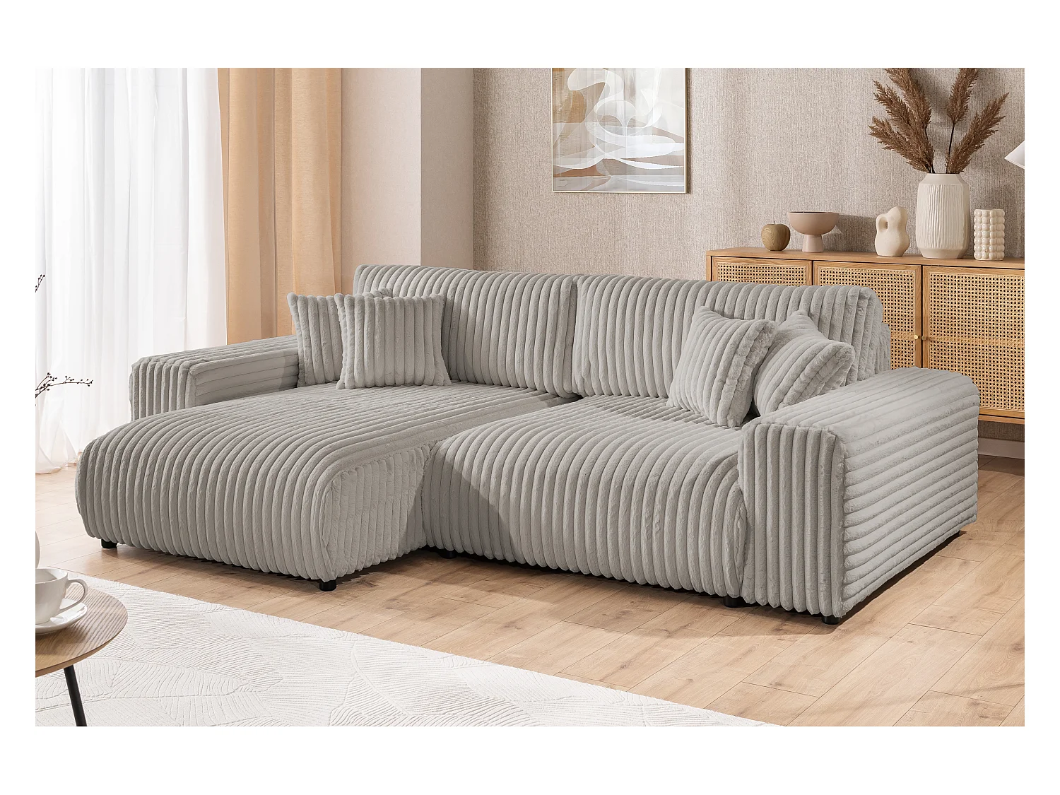 Mollis - Ecksofa mit Schlaffunktion und Bettkasten aus Hellgrau Plüschcord mit schöner Sitzkomfort