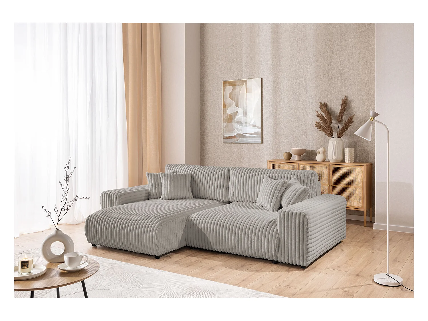 Mollis - Ecksofa mit Schlaffunktion und Bettkasten aus Hellgrau Plüschcord mit schöner Sitzkomfort