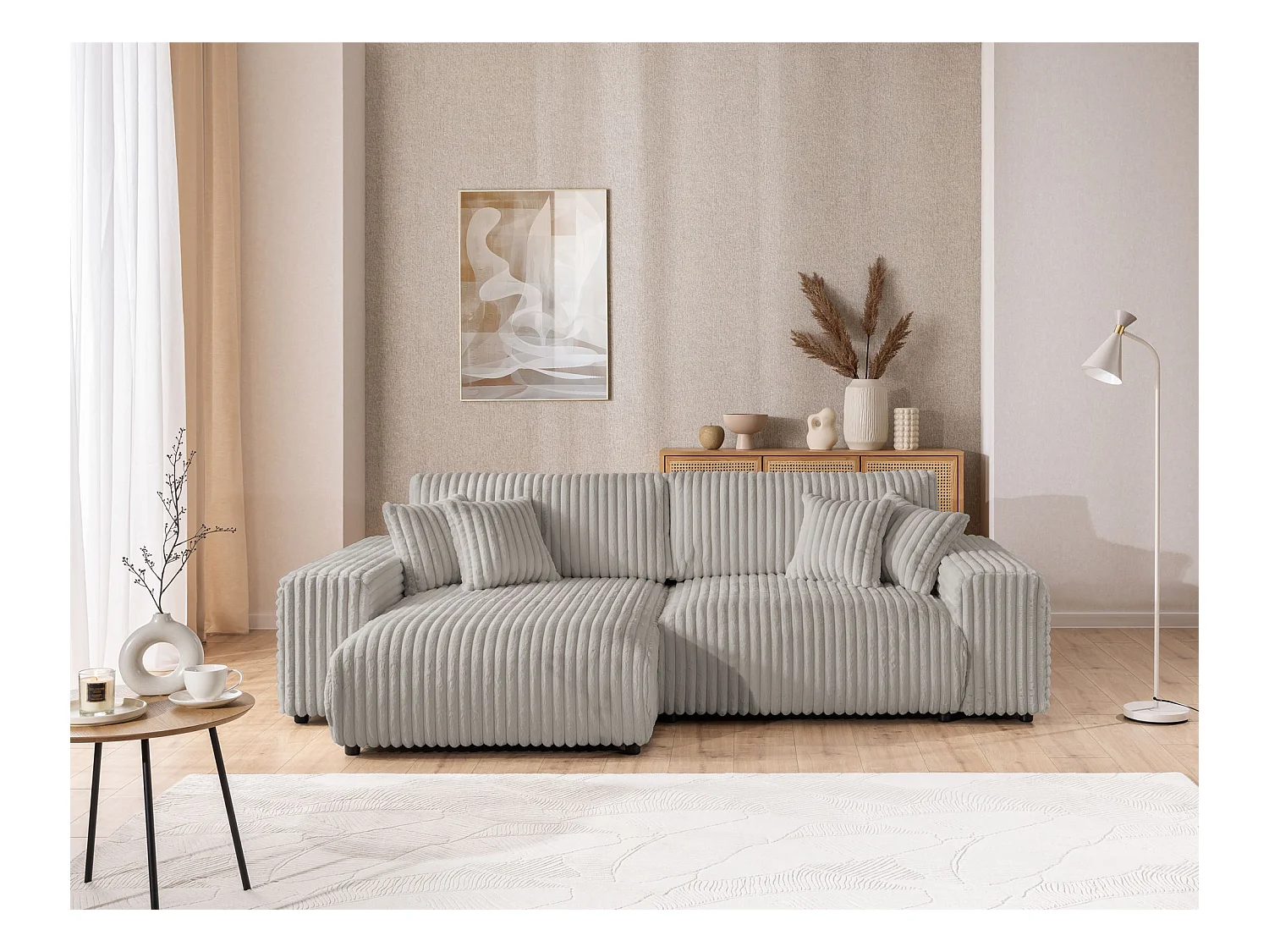 Mollis - Ecksofa mit Schlaffunktion und Bettkasten aus Hellgrau Plüschcord mit schöner Sitzkomfort