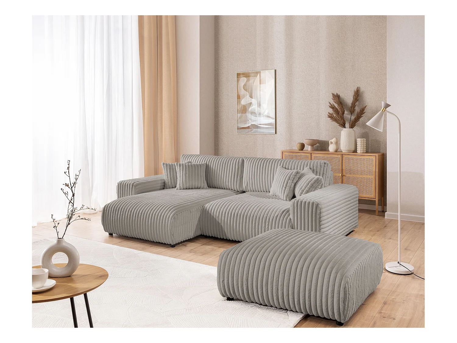 Mollis - Ecksofa mit Schlaffunktion und Bettkasten aus Hellgrau Plüschcord mit schöner Sitzkomfort