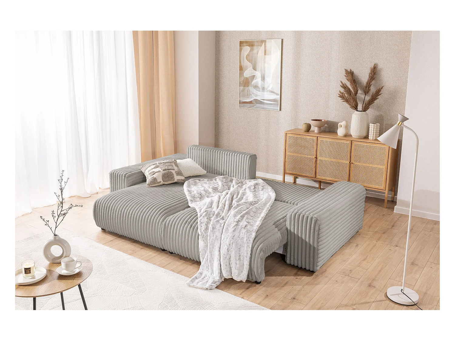 Mollis - Ecksofa mit Schlaffunktion und Bettkasten aus Hellgrau Plüschcord mit schöner Sitzkomfort