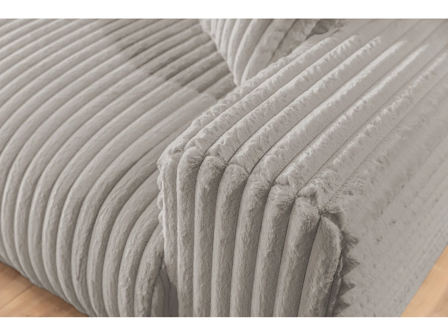 Mollis - Ecksofa mit Schlaffunktion und Bettkasten aus Hellgrau Plüschcord mit schöner Sitzkomfort