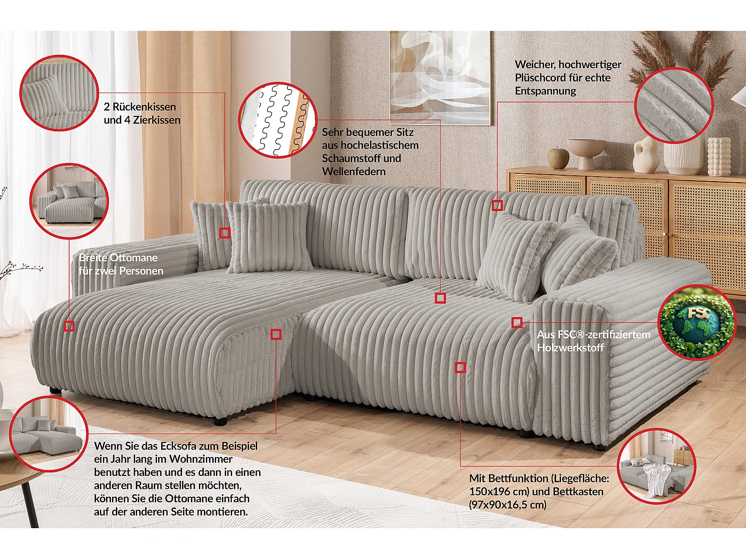 Mollis - Ecksofa mit Schlaffunktion und Bettkasten aus Hellgrau Plüschcord mit schöner Sitzkomfort