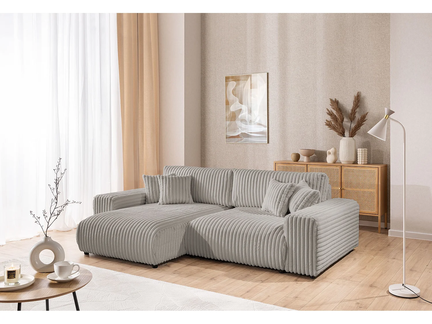 Mollis - Ecksofa mit Schlaffunktion und Bettkasten aus Hellgrau Plüschcord mit schöner Sitzkomfort