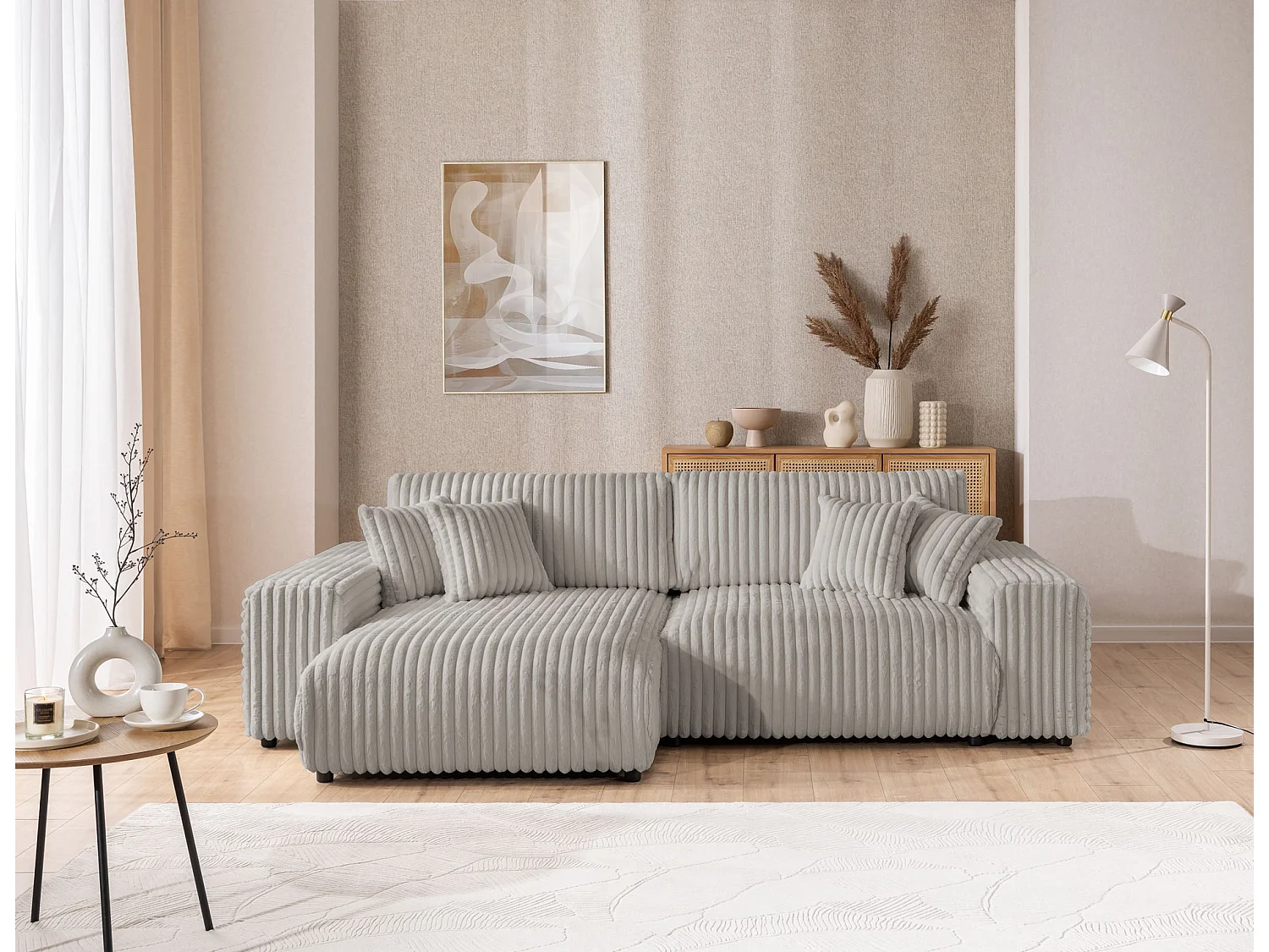 Mollis - Ecksofa mit Schlaffunktion und Bettkasten aus Hellgrau Plüschcord mit schöner Sitzkomfort