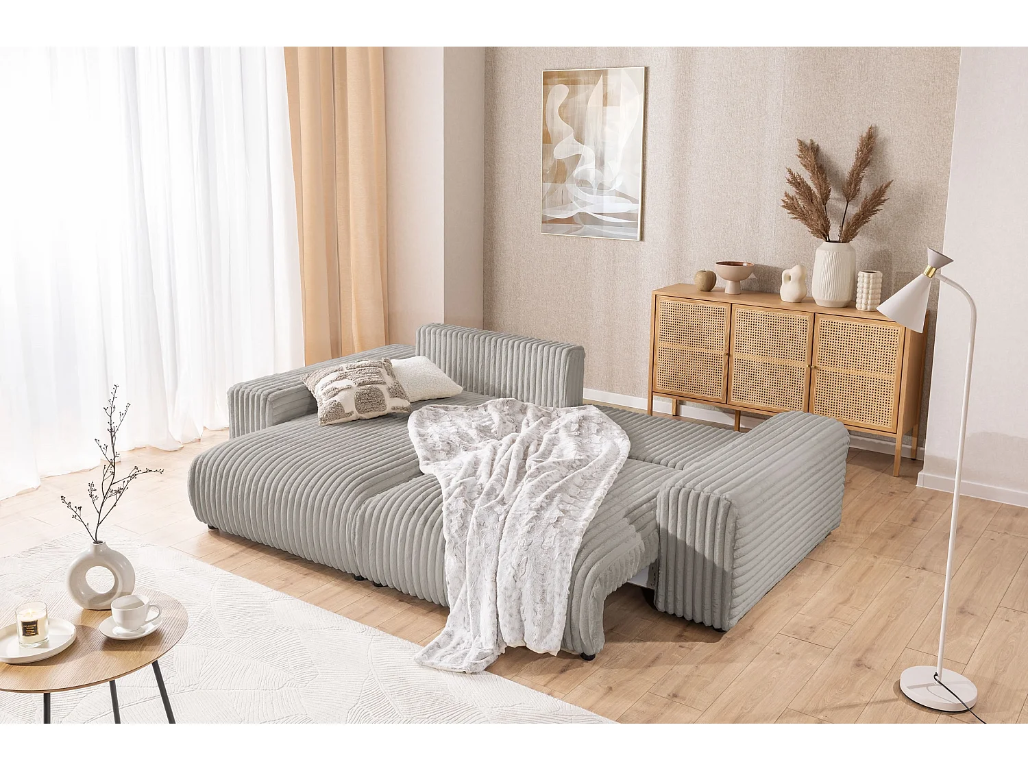 Mollis - Ecksofa mit Schlaffunktion und Bettkasten aus Hellgrau Plüschcord mit schöner Sitzkomfort