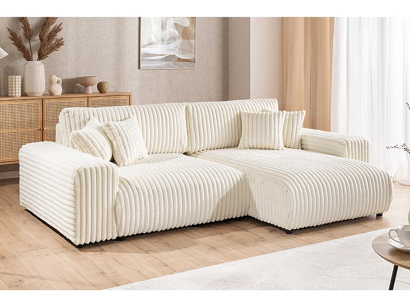 Mollis - Ecksofa mit Schlaffunktion und Bettkasten aus Hellbeige Plüschcord mit schöner Sitzkomfort