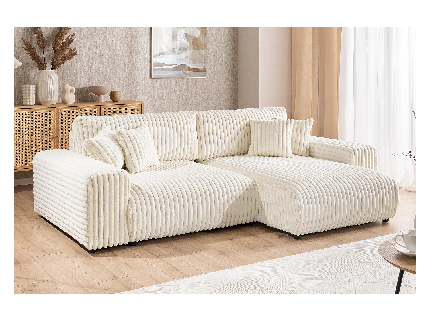 Mollis - Ecksofa mit Schlaffunktion und Bettkasten aus Hellbeige Plüschcord mit schöner Sitzkomfort