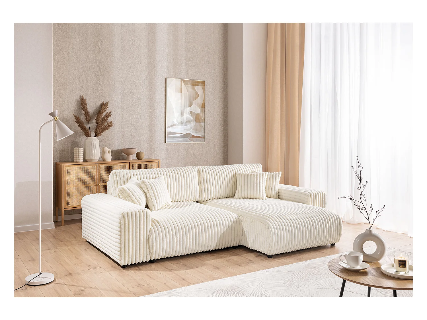 Mollis - Ecksofa mit Schlaffunktion und Bettkasten aus Hellbeige Plüschcord mit schöner Sitzkomfort
