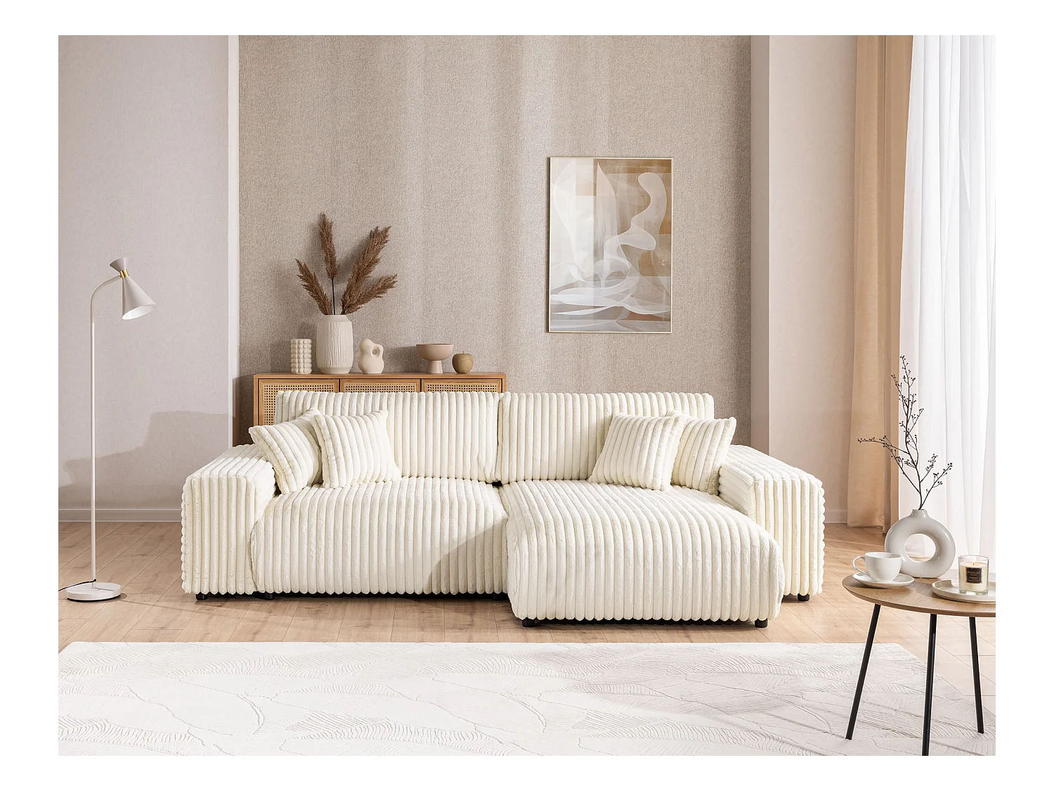 Mollis - Ecksofa mit Schlaffunktion und Bettkasten aus Hellbeige Plüschcord mit schöner Sitzkomfort