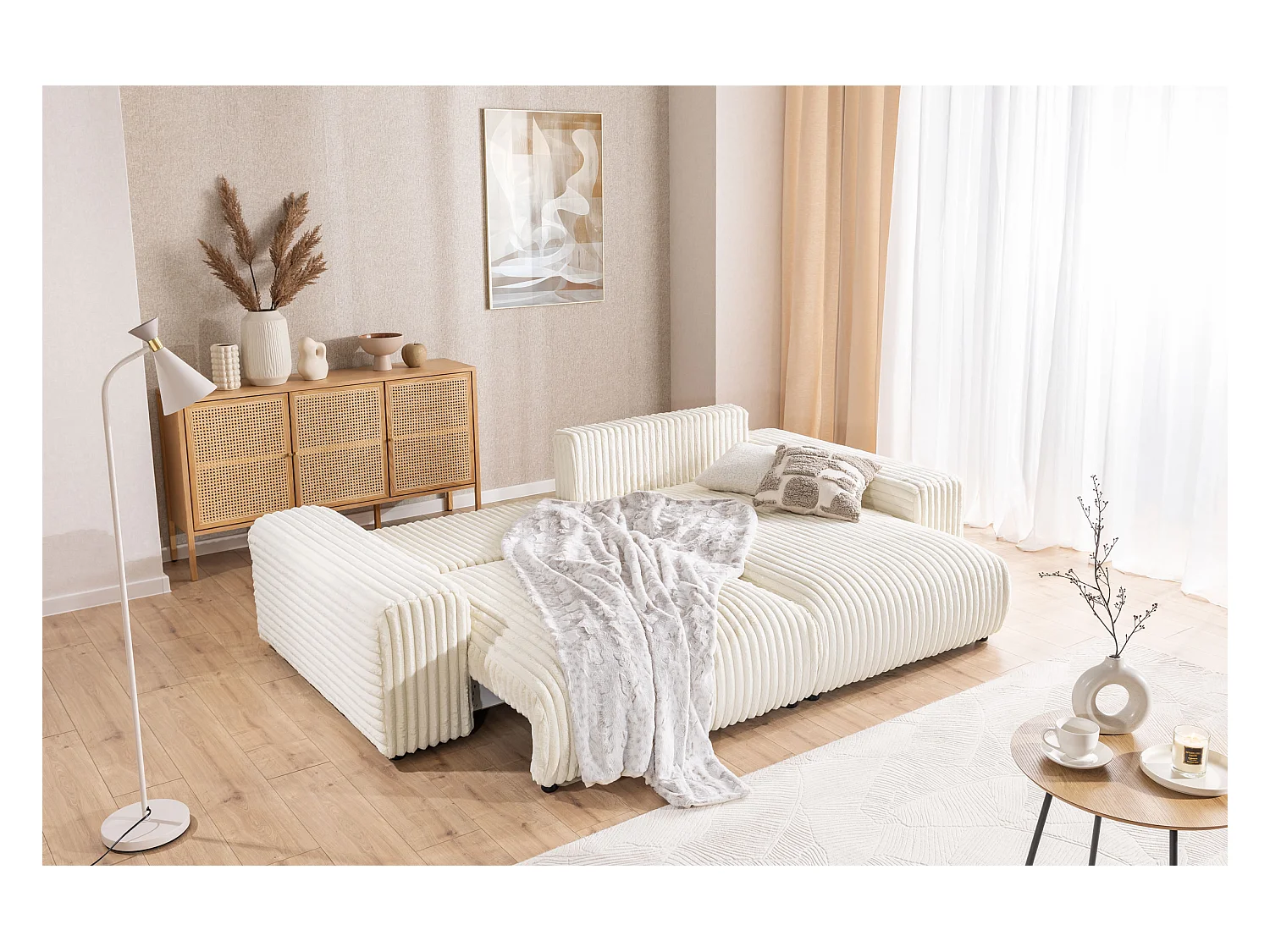 Mollis - Ecksofa mit Schlaffunktion und Bettkasten aus Hellbeige Plüschcord mit schöner Sitzkomfort