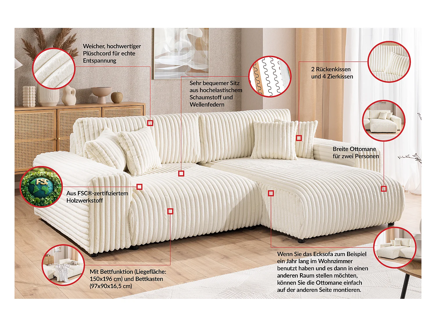 Mollis - Ecksofa mit Schlaffunktion und Bettkasten aus Hellbeige Plüschcord mit schöner Sitzkomfort